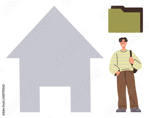 Young man standing confidently with bag near large house icon and folder. Ideal for housing, real estate, file organization, personal records, home life, student management, simple flat metaphor
