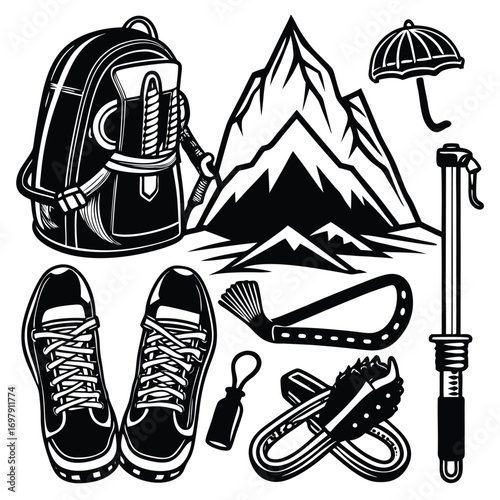 Detailed black and white vector illustration set of mountaineering and hiking equipment, featuring a backpack, shoes, climbing tools, and mountains.