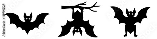 black bat silhouette set flying and hanging on branch spooky halloween animal collection isolated vector illustration for decoration design symbol icon print sticker cutout or party graphic