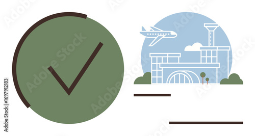Airplane departing above an airport terminal and adjacent green checkmark icon representing success or validation. Ideal for travel, approval, logistics, booking, safety, tourism, efficiency. Simple