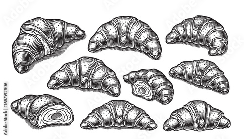 set of Croissant engraving vector illustration