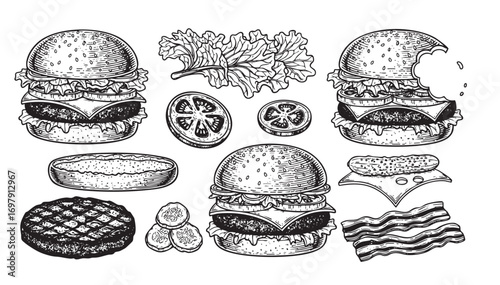 set of burger engraving vector illustration