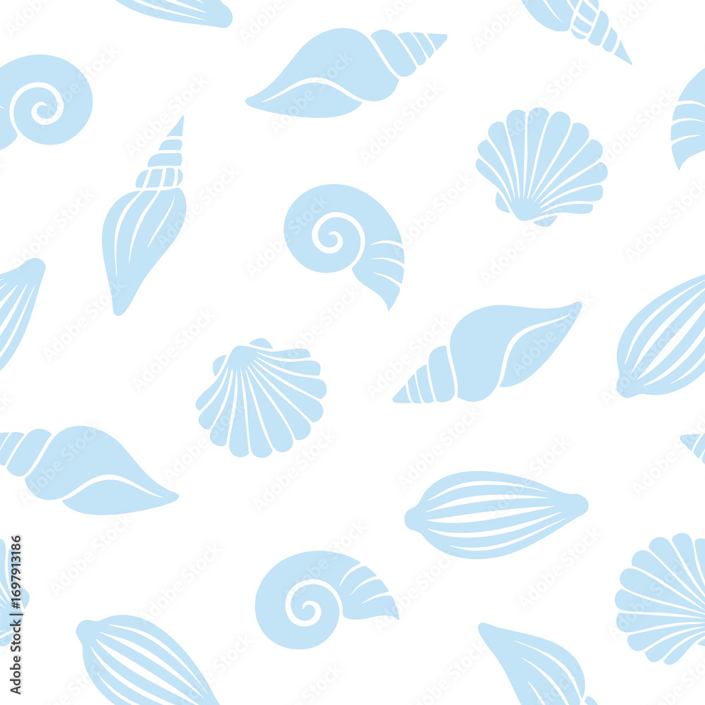 Naklejka premium Light blue seashells on white create a clean seamless pattern for beach-themed textile design
