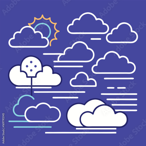 Various cloud shapes and sun on blue background for weather design