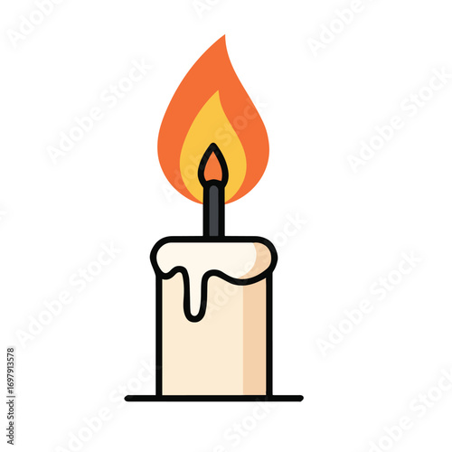 Simple illustration of a lit candle with a yellow flame and dripping wax. A symbol of warmth and light