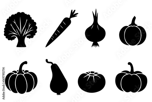 set of vegetable silhouettes broccoli carrot onion pumpkin squash tomato healthy food icons black isolated symbols vegetarian design elements kitchen cooking vector clipart collection for decoration