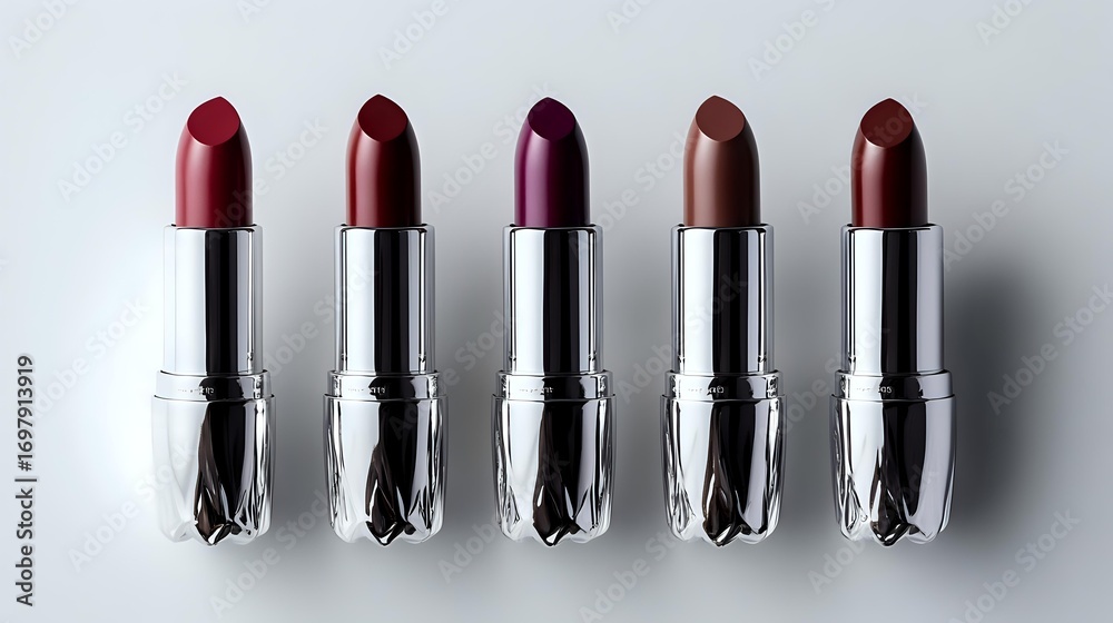 Obraz premium Five luxury lipsticks in metallic silver cases arranged in row showing gradient color palette from pink to deep burgundy shades on white background, top view.