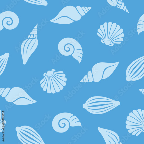 Seamless pattern with seashells in a beautiful blue color palette. A summery design
