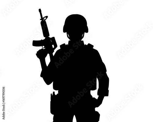 Silhouette of soldier, icon isolated on white background	