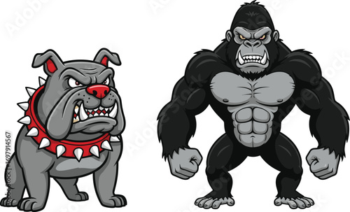 Fierce cartoon bulldog with spiked collar and angry muscular gorilla standing side by side, powerful animal mascots illustration.
