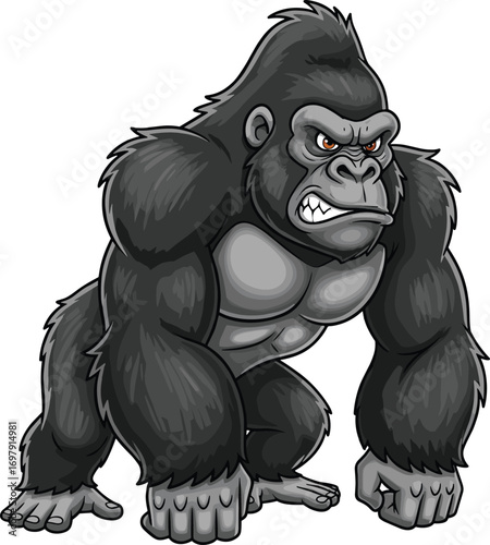 Fierce cartoon gorilla with muscular build and angry expression – powerful jungle animal mascot or wild ape illustration.