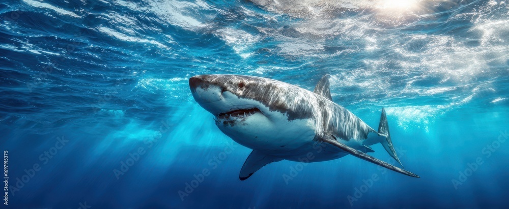 Fototapeta premium The Great White Shark Gliding Through Sunlit Blue Ocean Waters With Powerful Presence