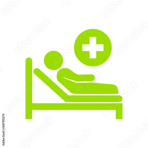 Vector art of green hospital bed icon with patient and medical cross