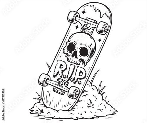RIP Skull on Skateboard Halloween Illustration
