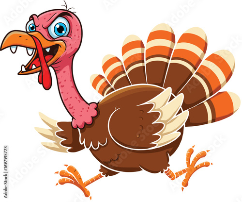 Funny cartoon turkey running fast with angry expression, colorful feathers, detailed illustration perfect for Thanksgiving and holiday themes.