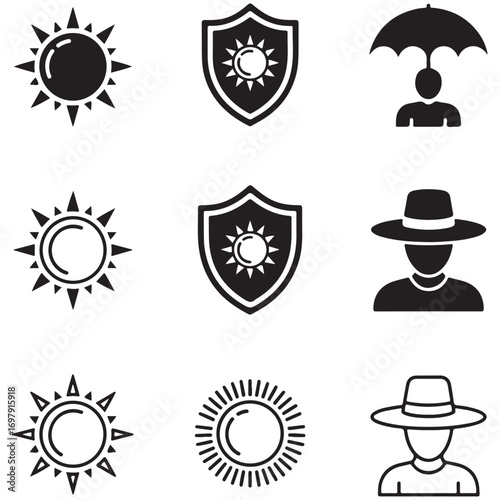 Collection of sun shield and person with umbrella icons for sun protection vector illustration