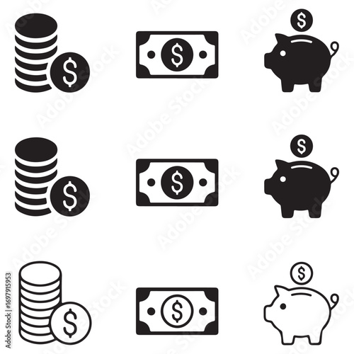 Collection of three rows of three icons representing money and savings including stacks of coins dollar bills and piggy banks