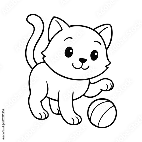 Cute kitten with ball coloring page for kids. transparent background in illustration
