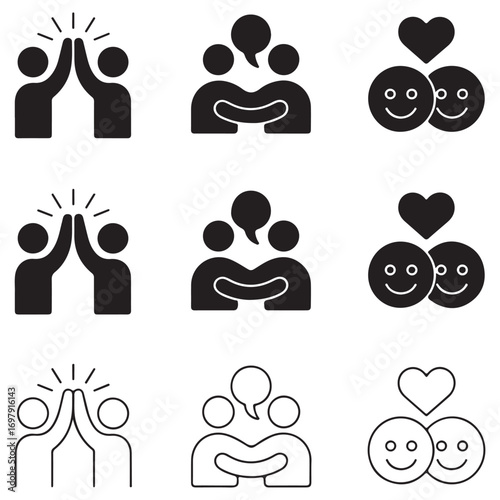 Friendship and Connection Icon Set with High Five Hugging and Smiley Faces teamwork togetherness