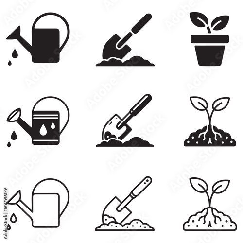 Gardening Icons with Watering Cans, Shovels, and Seedlings Keywords: gardening, icon, symbol, set, collection, watering can, water, can, pouring, water drops, shovel, spade, digging, soil, earth