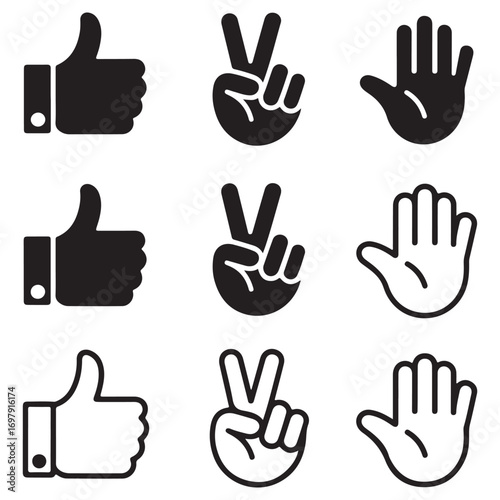 Hand Gesture Icons Showing Thumbs Up Peace Sign and Open Palm vector illustration