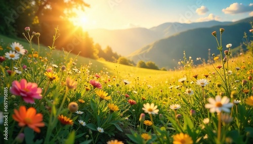 Golden sunlight bathes a breathtaking meadow, wildflowers interspersed with shimmering flecks of gold A surreal, dreamlike landscape , sunlight, bright, texture