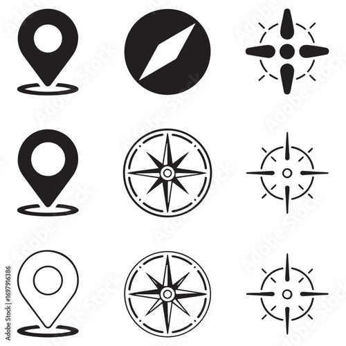 Navigation and Direction Icons with Map Pins and Compasses Keywords: navigation, direction, icon, symbol, set, collection, map pin, location, marker, pointer, GPS, compass, wind rose, north