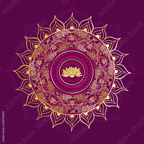 Golden Lotus Mandala on Purple Background