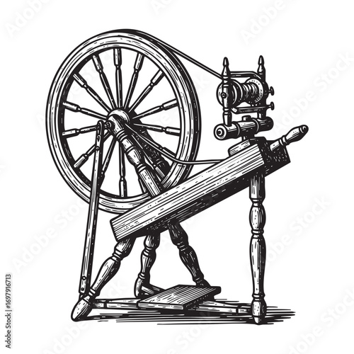 vintage woodcut engraving vector spinning wheel