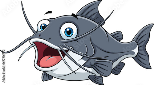 Happy cartoon catfish with big eyes and whiskers, cheerful smiling fish underwater, fun aquatic animal character illustration.