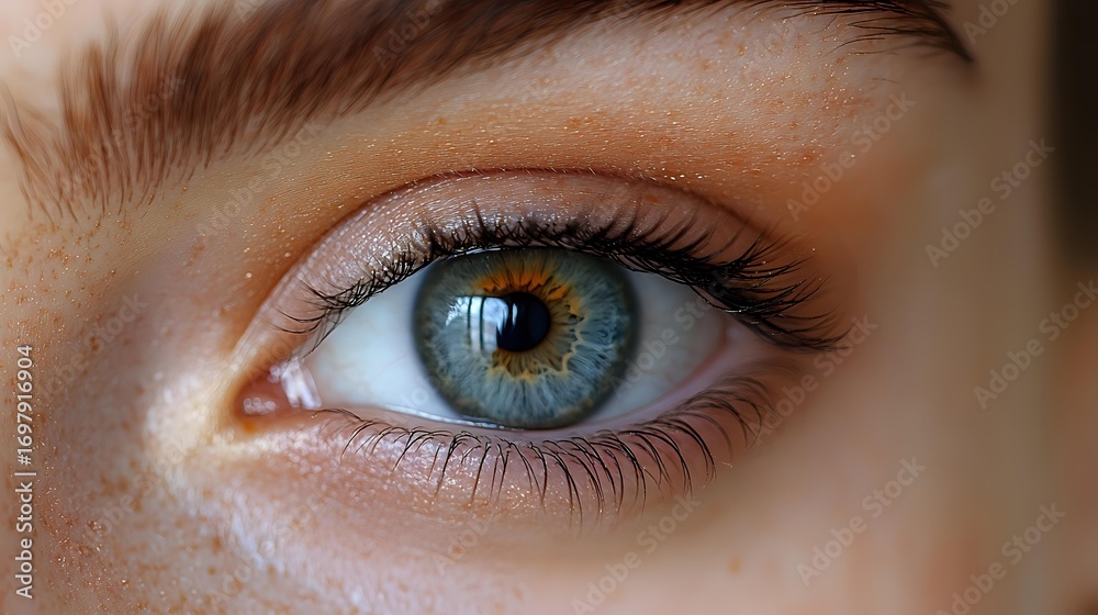 Fototapeta premium Close up macro shot of bright blue-green eye with long natural eyelashes and freckles on fair skin, showing intricate iris detail and natural beauty.