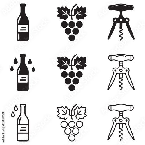 Three rows of three icons related to wine production and consumption including wine bottles grapes and corkscrews
