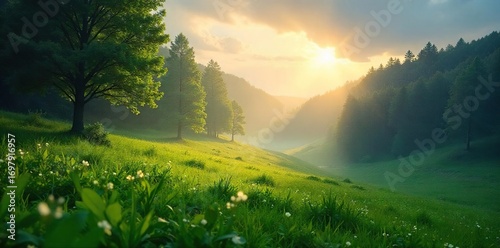 Serene landscape bathed in the soft glow of a gentle rain shower, lush greenery glistening under the sky Perfect for nature, weather, tranquility themes , glossy, clouds