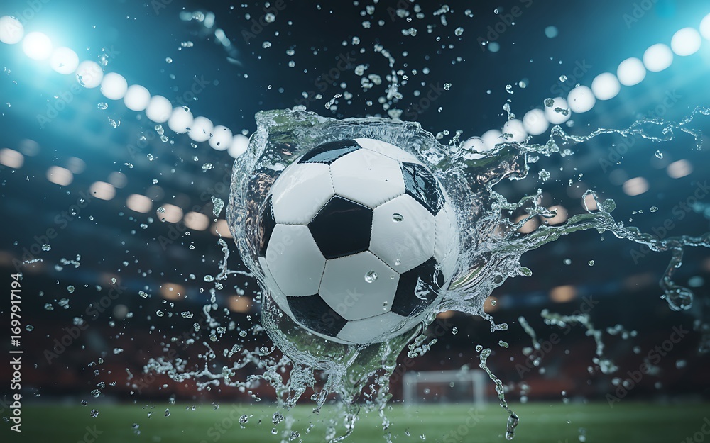 Fototapeta premium Dramatic Soccer Ball Splashing in Water at Night Stadium a Captivating Sports Scene