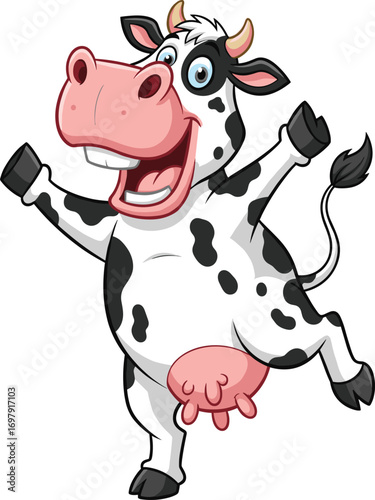 Happy cartoon dancing cow with black spots, joyful farm animal character with big smile and playful expression, fun livestock mascot.