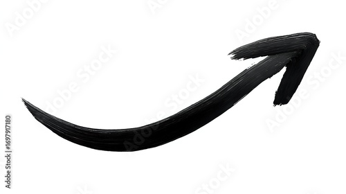 Black curved upward arrow painted with brush strokes on white background, showing dynamic movement and direction. Isolated design element for business concepts.