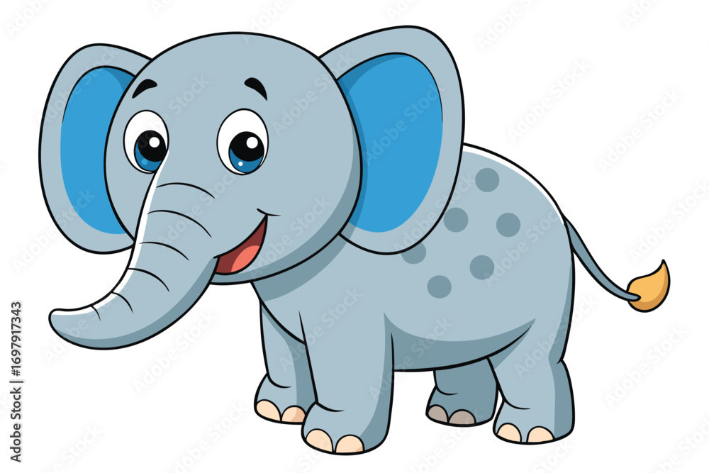 Naklejka premium Smiling Cartoon Elephant with Blue Eyes, Cartoon Style, on White Background