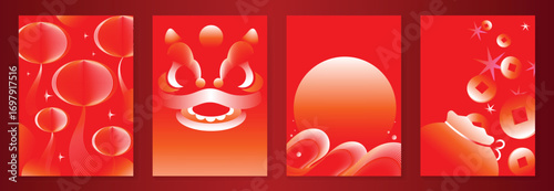 Chinese New year poster design vector set. Modern new year red card with lantern, lion dance, sea wave, coin in geometric shape. Illustration for flyer, brochure, social media, banner, ads.