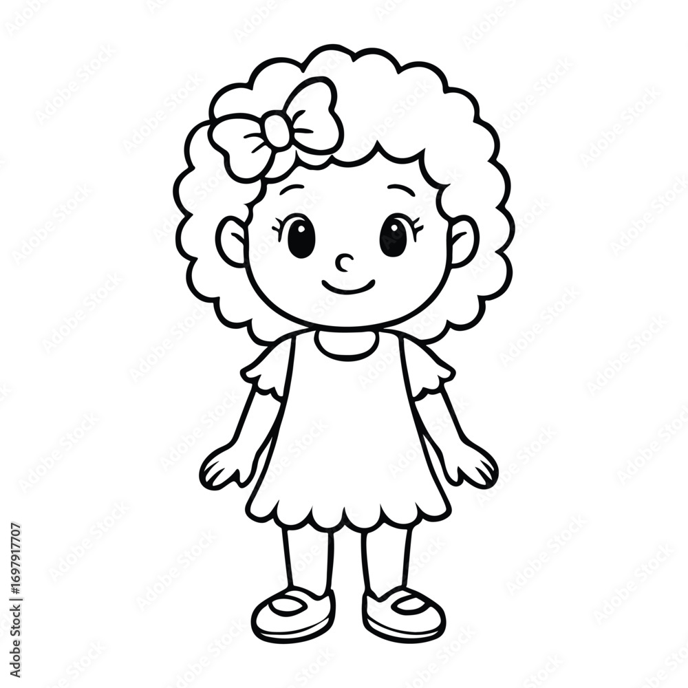 Fototapeta premium Girl with curly hair coloring page illustration.