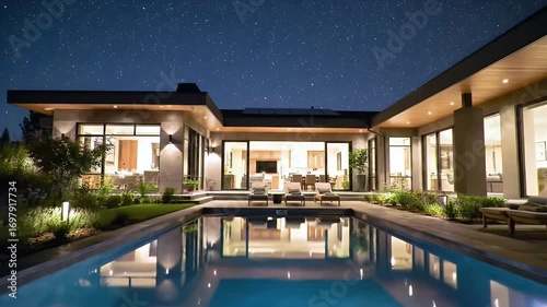 Wallpaper Mural Modern home with pool under a starlit sky.  A stunning evening view of a contemporary residence with an outdoor swimming pool, beautifully illuminated at night. Torontodigital.ca