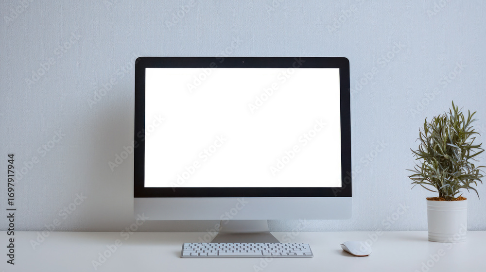 Fototapeta premium A computer monitor, keyboard and mouse are on the table next to a potted plant. Mockup of the computer display for website advertising