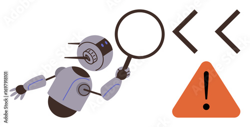 Robot examining code with a magnifying glass near a warning alert triangle. Ideal for technology, cybersecurity, AI, problem-solving, debugging, IT, innovation exploration. Clean simple flat