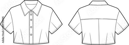 Short sleeve cropped shirt cad drawing flat vector illustration, women button up blouse fashion template, technical garment flat sketch