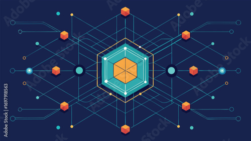 A detailed illustration of a central geometric mesh interconnected with lines and dots representing a data network or digital infrastructure.