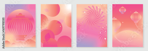 Chinese New year poster design vector set. Modern new year colorful card with lantern, orange, firework in geometric shape. Illustration for flyer, brochure, social media, banner, ads.