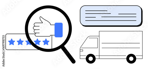 Magnifying glass over thumbs up five-star ratings delivery truck text message. Ideal for feedback, logistics, shipping, review system, online business, service quality, customer satisfaction. Simple