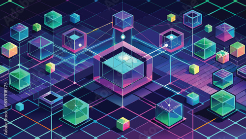Abstract 3d illustration of futuristic data network with glowing cubes and geometric lines