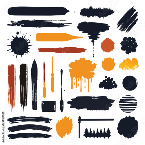Vibrant brush strokes in black, orange on white background