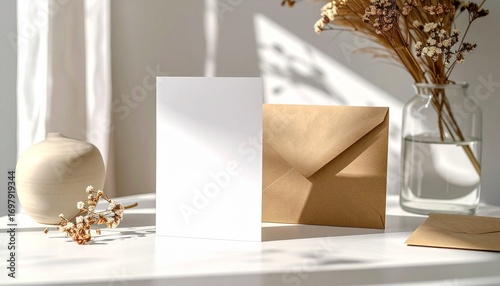 Vertical blank greeting card and kraft envelope mockup with dried flowers in a sunlit, minimalist setting