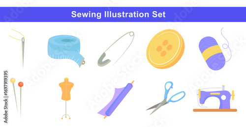 Set of sewing tools vector illustration including needle, thread, scissors, sewing machine, button, mannequin, yarn, and measuring tape in flat style.